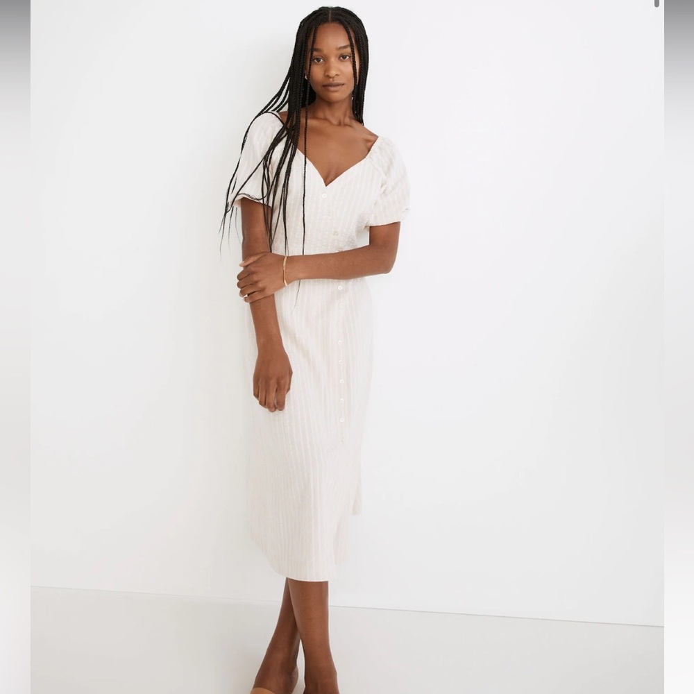EUC Madewell Puff-Sleeve Button-Wrap Midi Dress in Undyed Stripe Size 6